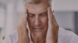 Middle-aged man showing signs of fatigue and stress, a common symptom of low testosterone levels.